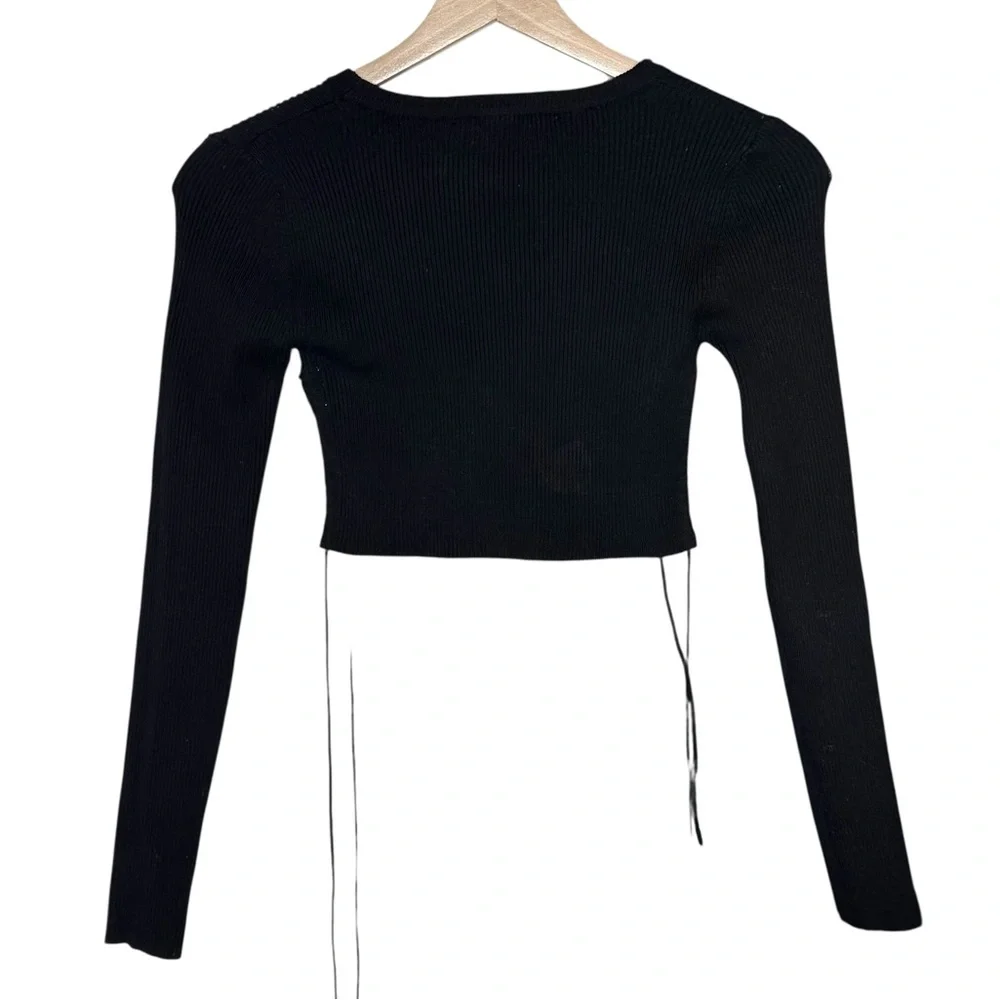 Zara Ribbed Knit Black Crop Top Size S Side Ruched Tie Y2K Minimalist Stretch
